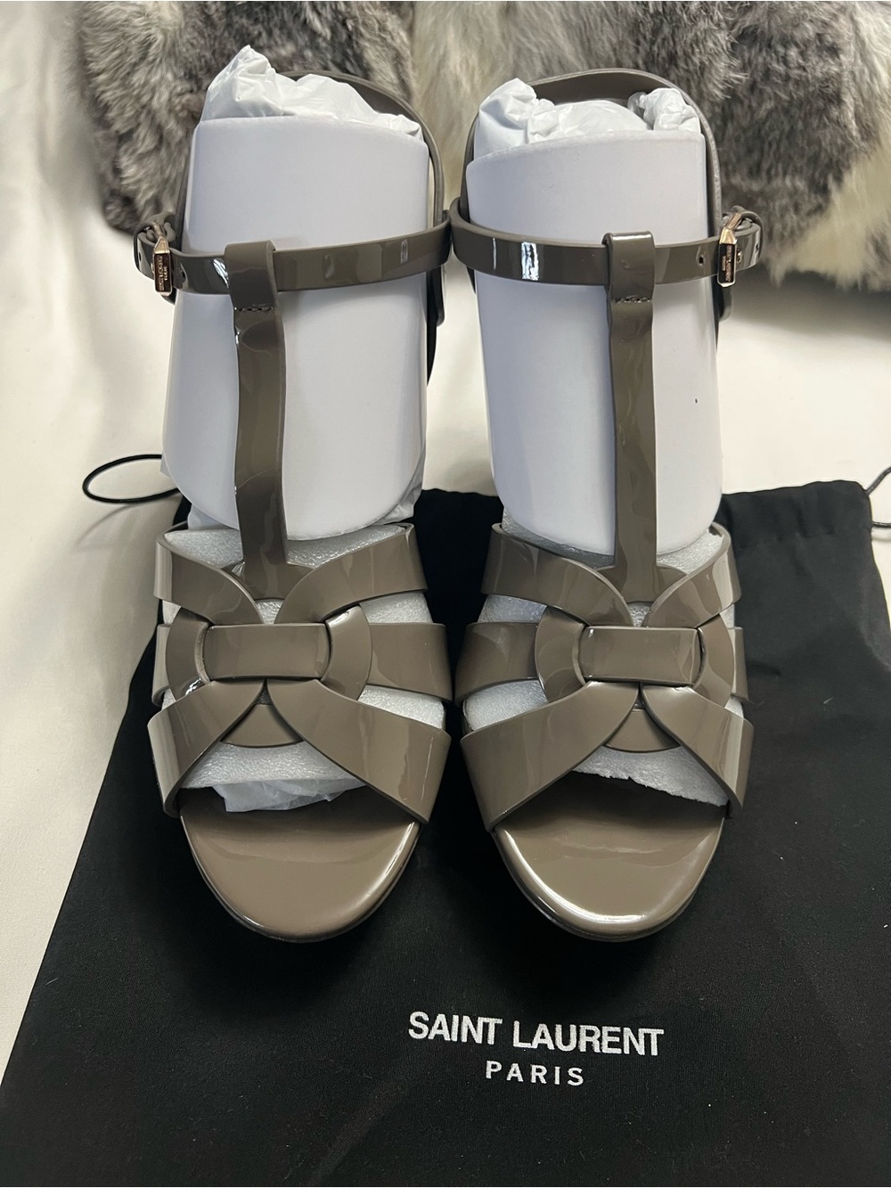 Saint Laurent Taupe Patent Leather T-Strap Sandals
